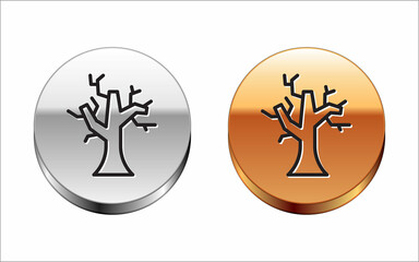 Black line Withered tree icon isolated on white background. Bare tree. Dead tree silhouette. Silver-gold circle button. Vector
