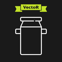 White line Can container for milk icon isolated on black background. Vector