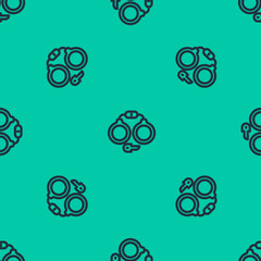Blue line Handcuffs icon isolated seamless pattern on green background. Vector