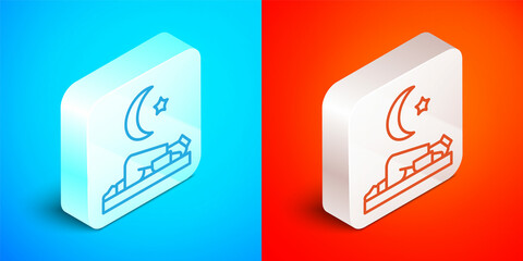 Isometric line Muslim man prays on the carpet icon isolated on blue and red background. Silver square button. Vector