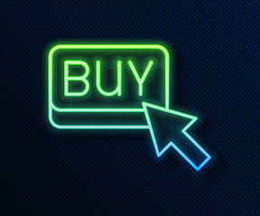 Glowing neon line Buy button icon isolated on blue background. Financial and stock investment market concept. Vector