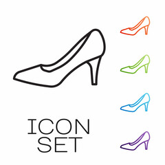 Black line Woman shoe with high heel icon isolated on white background. Set icons colorful. Vector