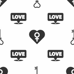 Set Key in heart shape, Heart with female gender and Speech bubble with text love on seamless pattern. Vector