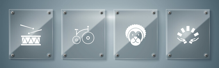 Set Hand holding playing cards, Wild lion, Vintage bicycle and Drum with drum sticks. Square glass panels. Vector