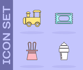 Set Ice cream, Toy train, Magician hat and rabbit ears and Circus ticket icon. Vector