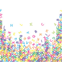 Falling letters of English language. Colorful sketch flying words of Latin alphabet. Foreign languages study concept. Delicate back to school banner on white background.