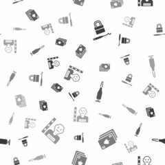 Set Lock picks for lock picking, Playing cards, Bullet and Suspect criminal on seamless pattern. Vector