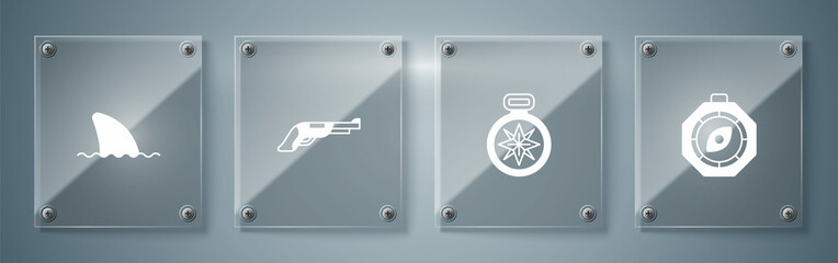 Set Compass, , Vintage pistol and Shark fin ocean wave. Square glass panels. Vector