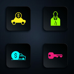 Set House key, Car rental, and Realtor. Black square button. Vector