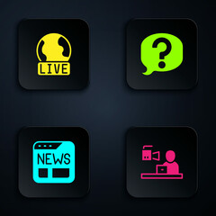 Set Breaking news, Live report, News and Speech bubble chat. Black square button. Vector