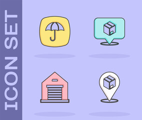 Set Location with cardboard box, Delivery package umbrella, Warehouse and icon. Vector