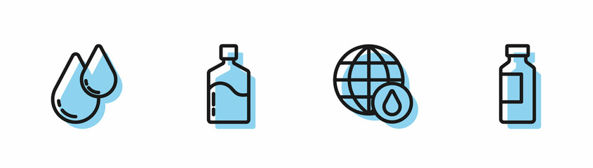 Set line Earth planet in water drop, Water, Big bottle with clean and Bottle of icon. Vector