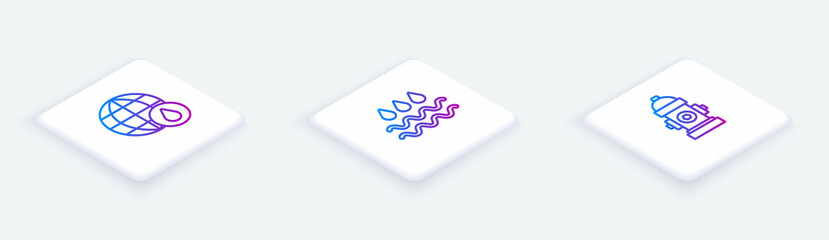 Set Isometric line Earth planet in water drop, Wave with and Fire hydrant. White square button. Vector