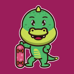 Cute crocodile 
bring a skate board. Cute animal cartoon illustration.