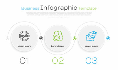 Set line No Smoking, Avocado fruit and Time to sleep. Business infographic template. Vector