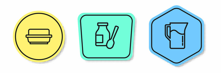 Set line Butter in a butter dish, Drinking yogurt bottle and Milk jug or pitcher. Colored shapes. Vector