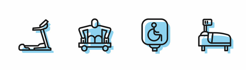 Set line Disabled wheelchair, Treadmill machine, Man without legs sitting and Hospital bed icon. Vector