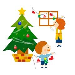 Obraz na płótnie Canvas クリスマスツリーと飾り付けをする親子