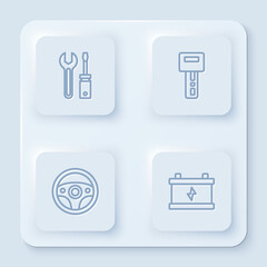 Set line Screwdriver and wrench spanner, Car key with remote, Steering wheel and battery. White square button. Vector