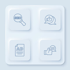 Set line SEO optimization, Customer product rating, Advertising and . White square button. Vector