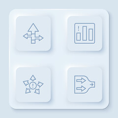 Set line Arrow, Pie chart infographic, Many ways directional arrow and . White square button. Vector