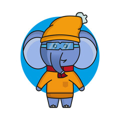 Winter elephant cartoon character. illustration flat style. design template vector