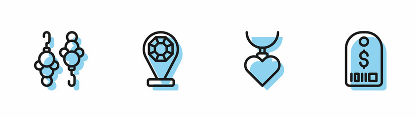 Set line Necklace with heart shaped pendant, Earrings, Jewelry store and Price tag dollar icon. Vector