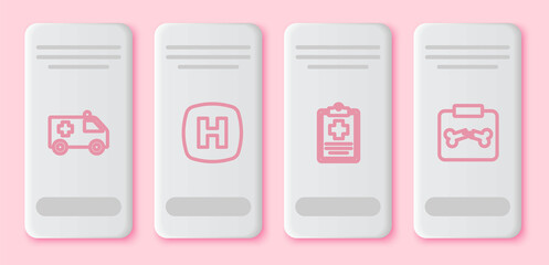 Set line Ambulance car, Hospital signboard, Patient record and X-ray shots with broken bone. White rectangle button. Vector