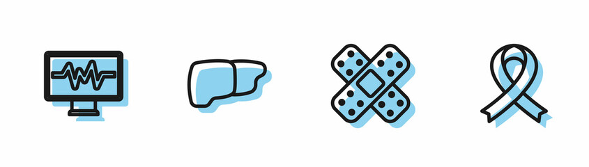 Set line Crossed bandage plaster, Monitor with cardiogram, Human organ liver and Awareness ribbon icon. Vector