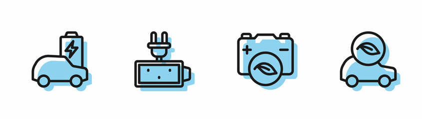 Set line Eco nature leaf battery, Electric car, Battery charge and icon. Vector