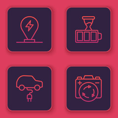 Set line Charging parking electric car, Electric, Battery charge and with recycle symbol. Blue square button. Vector