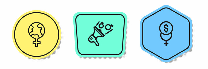 Set line Feminism in the world, Feminist activist and finance. Colored shapes. Vector