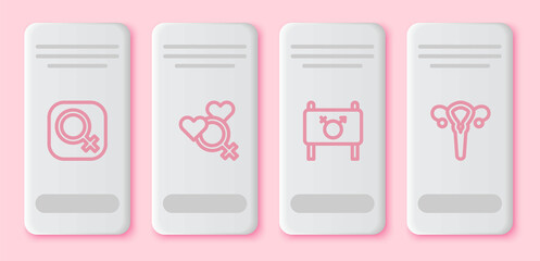 Set line Female gender, Feminist activist and reproductive system. White rectangle button. Vector
