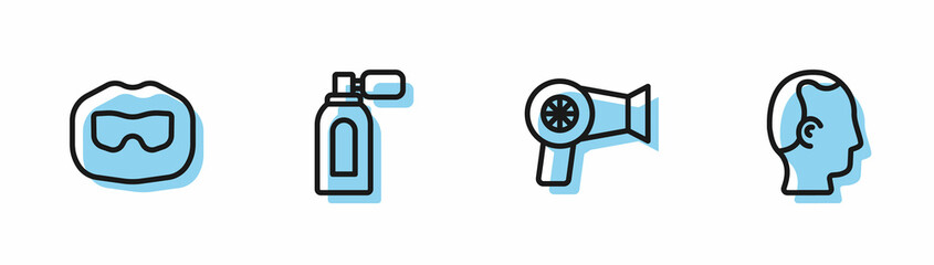 Set line Hair dryer, Mustache and beard, Aftershave with atomizer and Baldness icon. Vector