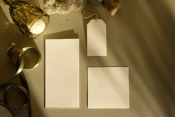 Green Gold Background White Paper Sheet Eco Branding Neutral Photo Mockup Natural Botanical Shadow, Moss Wood, Glass, Candle Jar