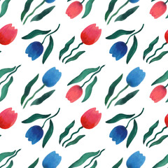 Floral pattern with spring flowers tulips. Watercolor illustration
