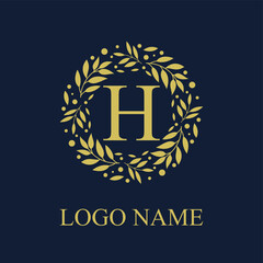 Initial H Letter in Circle Leaves Wreath Frame for Cosmetic, Make up, Fashion, Hotel, Resto, Resort, Real Estate, Apartment Business Logo Vector Template