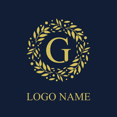 Initial G Letter in Circle Leaves Wreath Frame for Cosmetic, Make up, Fashion, Hotel, Resto, Resort, Real Estate, Apartment Business Logo Vector Template