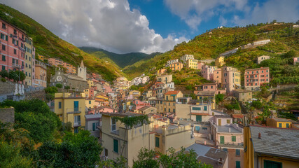Riomaggiore is a charming Italian town in the province of Liguria, Italy. A fragment of...