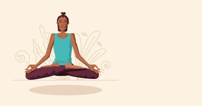 Young man is practicing yoga. Person is levitating in lotus position. Yoga basic asana. Vector motion graphics.