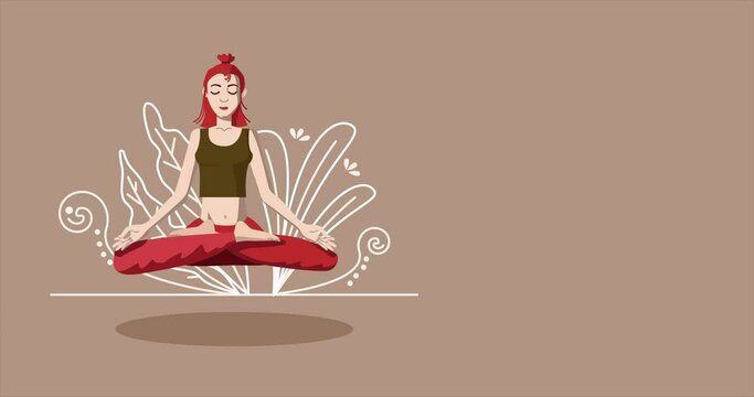 Young woman is practicing yoga. Person is levitating in lotus position. Yoga basic asana. Vector animation.