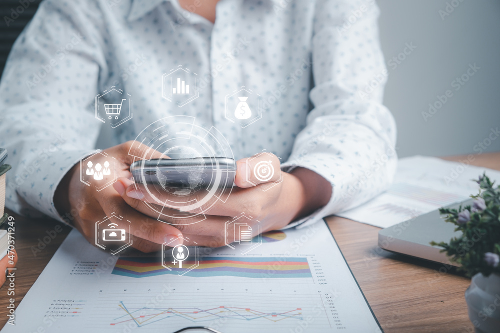 Poster businesswoman hand using smartphone with digital marketing via multi-channel communication network o