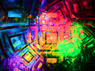 Composición de arte digital fractal consistente en rayas perpendiculares y paralelas rellenas de colores vivos formando una estructura de cuadrados coloridos deformados.