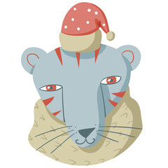 Vector childish cute smiling tiger with santa's hat and scarf