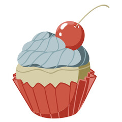 Illustration of cupcake with blue cream, red cup and cherry berry