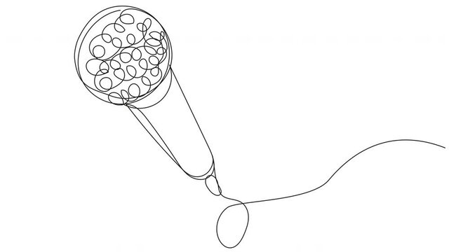 Self-drawing a microphone with a continuous line on a white screen. Singing, music, politics, report, karaoke, radio, podcast concept. Microphone for whiteboard line presentation with space for text.