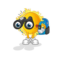 sun with binoculars character. cartoon mascot vector