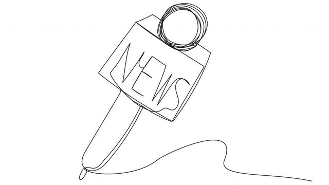 Self-drawing Microphone with the inscription News in one line on a white background. Attribute of a TV presenter and street journalist. 4k animations with news microphone with alpha channel. 