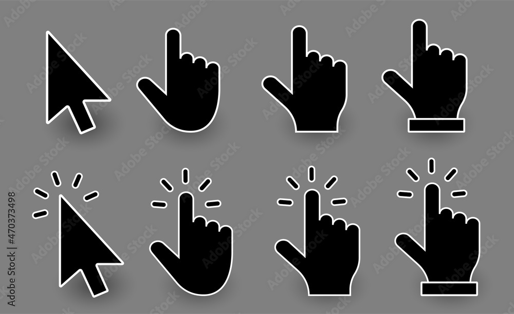 Poster Computer mouse click cursor gray arrow icons set and loading icons. Cursor icon. Mouse click cursor collection. Vector cursors icons click set.