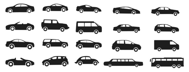 Car icon. Auto vehicle isolated. Transport icons. Automobile silhouette front view. Sedan car, vehicle. Car body types. Different vehicles. Vector illustration